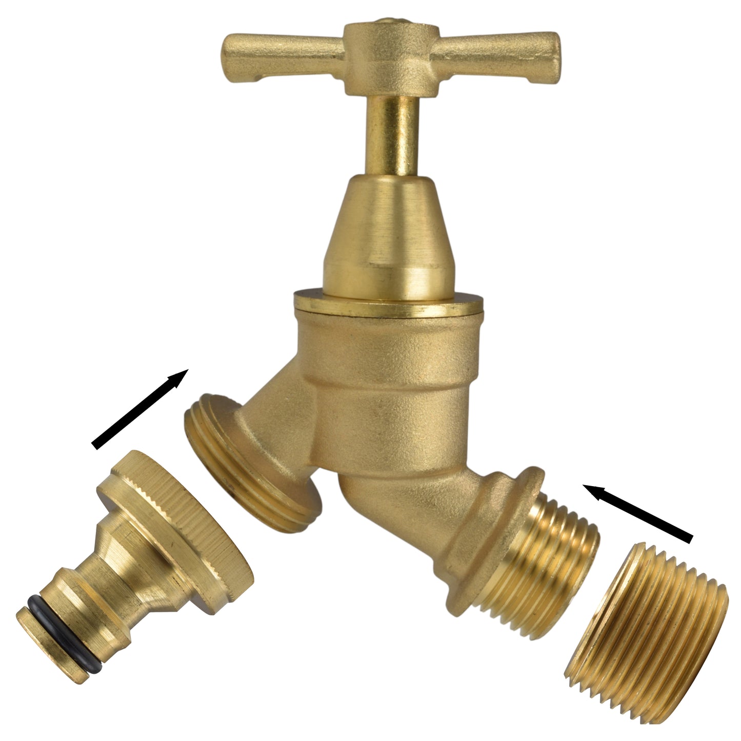 Brass Bib Tap Kit with Barb/Quick Connect Outlet, ½” and ¾” BSP Thread Inlet
