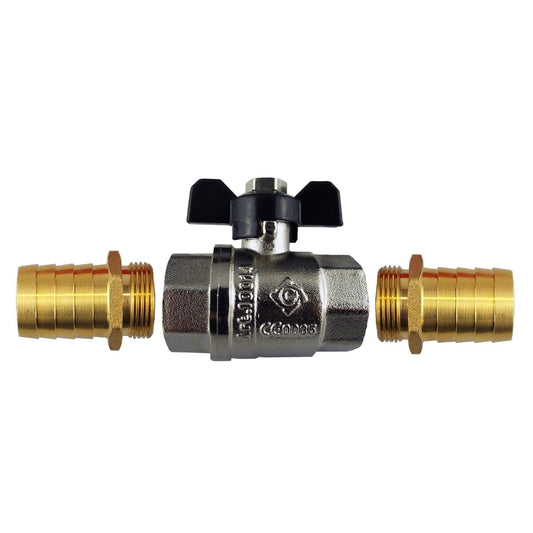 Butterfly Bib Valve 1" BSPF-F with 2 x Brass Straight 25mm Barbed Fittings