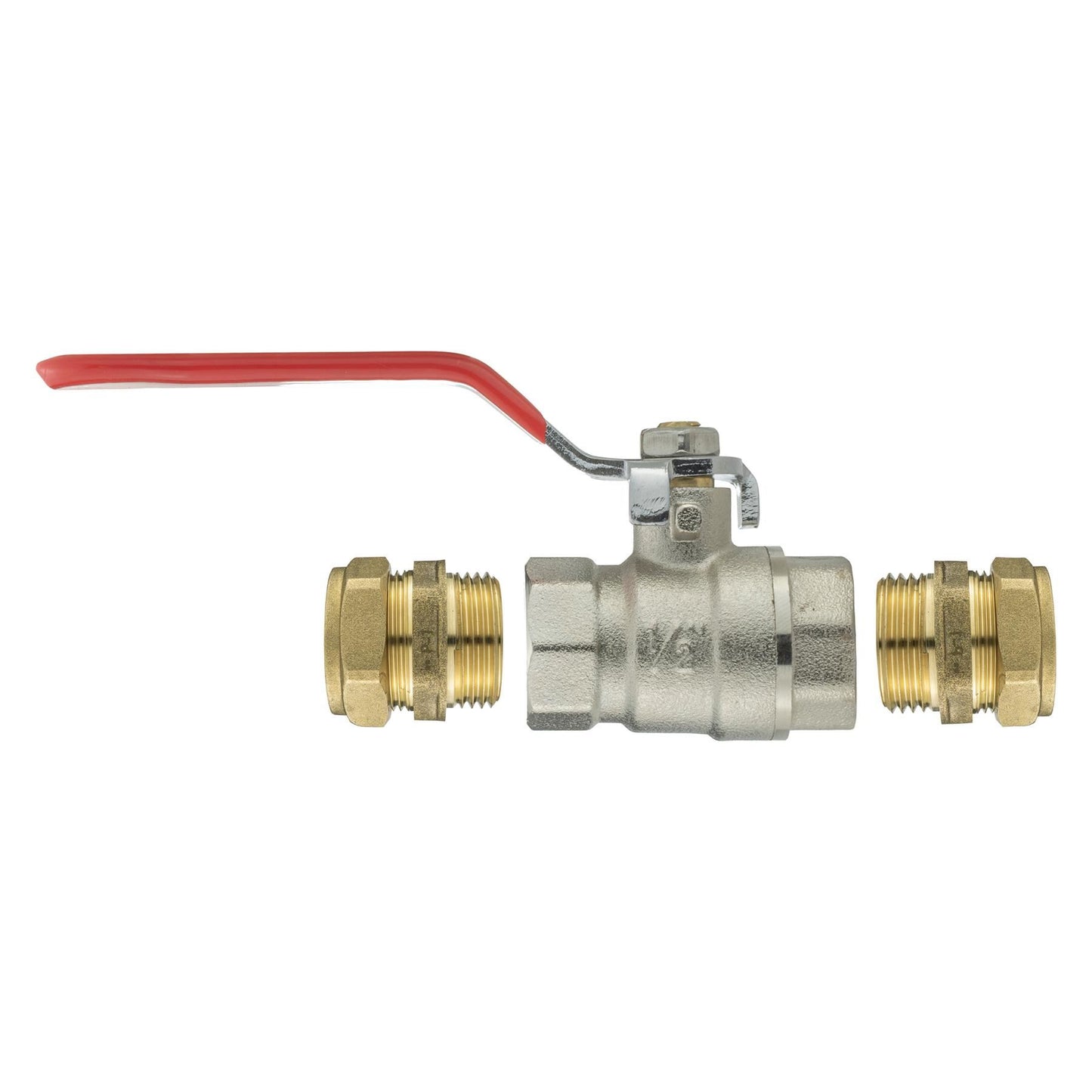 Ball Valve Lever 1/2" BSPF with 2 x Brass Compression 15mm Outlets
