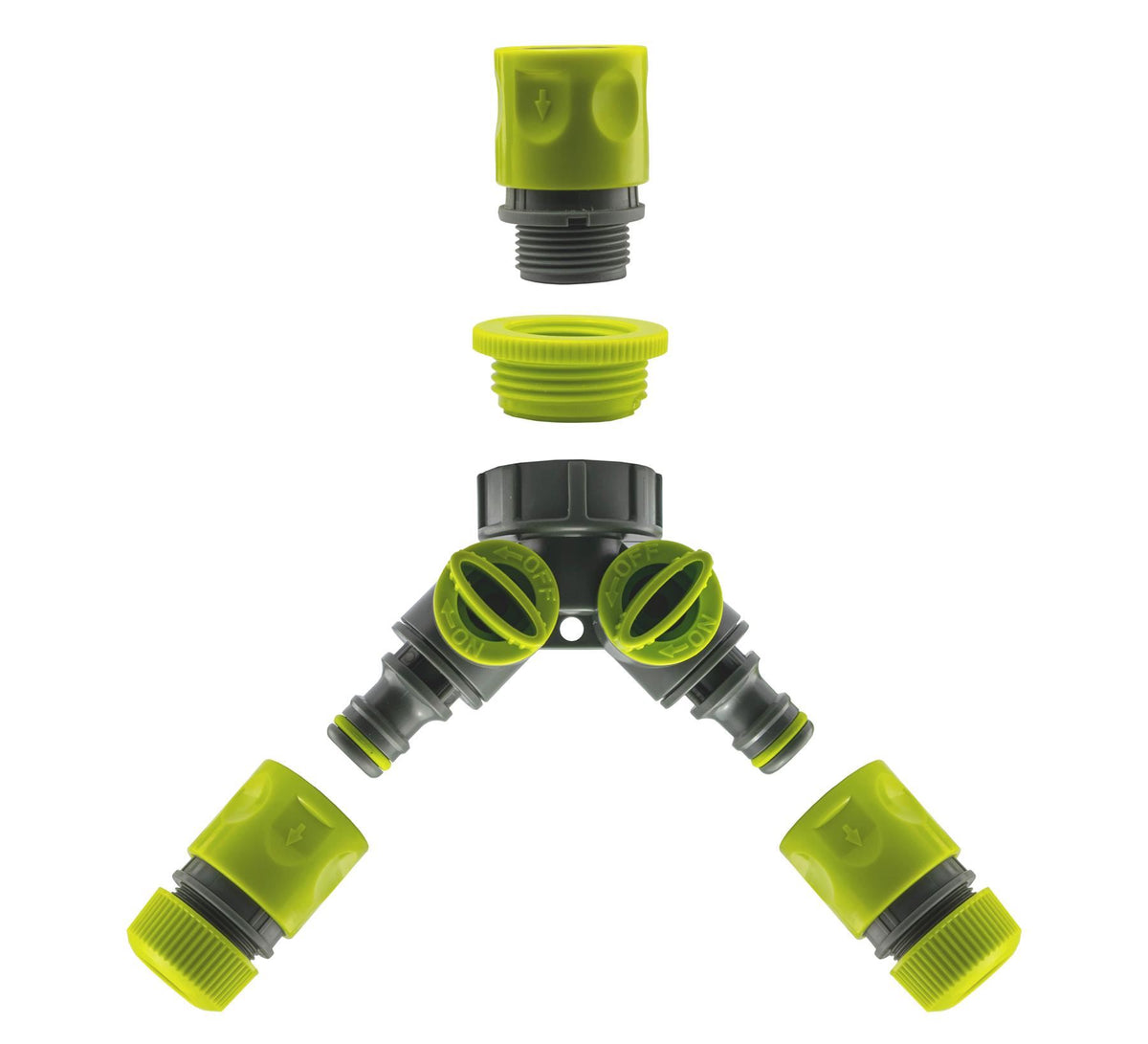 2-Way Tap Connector with 2 x Hose Connectors and 1 x Click-Lock Quick Connection (Lime)