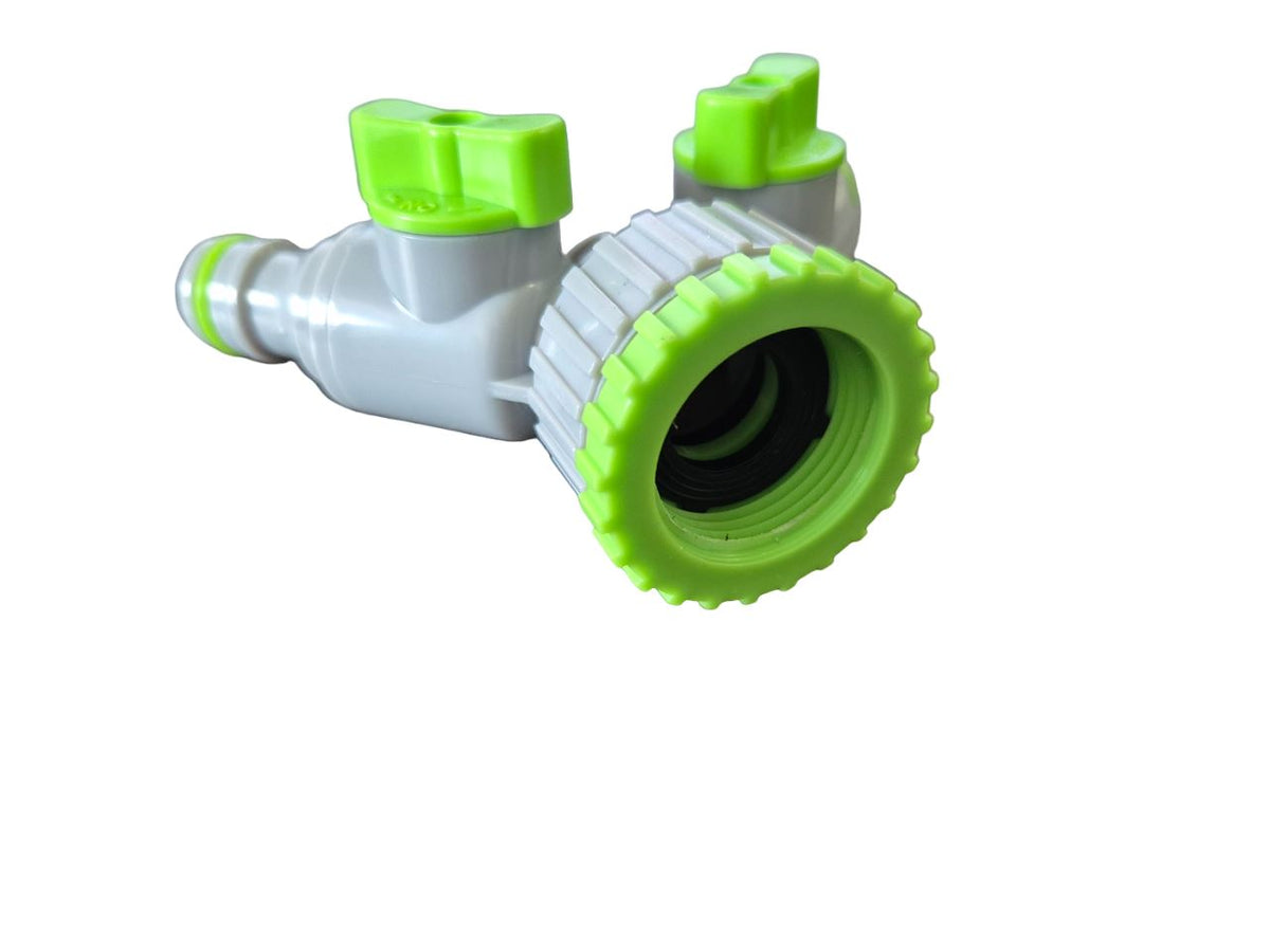 2-Way Tap Connector with 3 x Quick Connect Outlets and 3 x Standard 1/2" Hose Connectors (Grey/Lime)