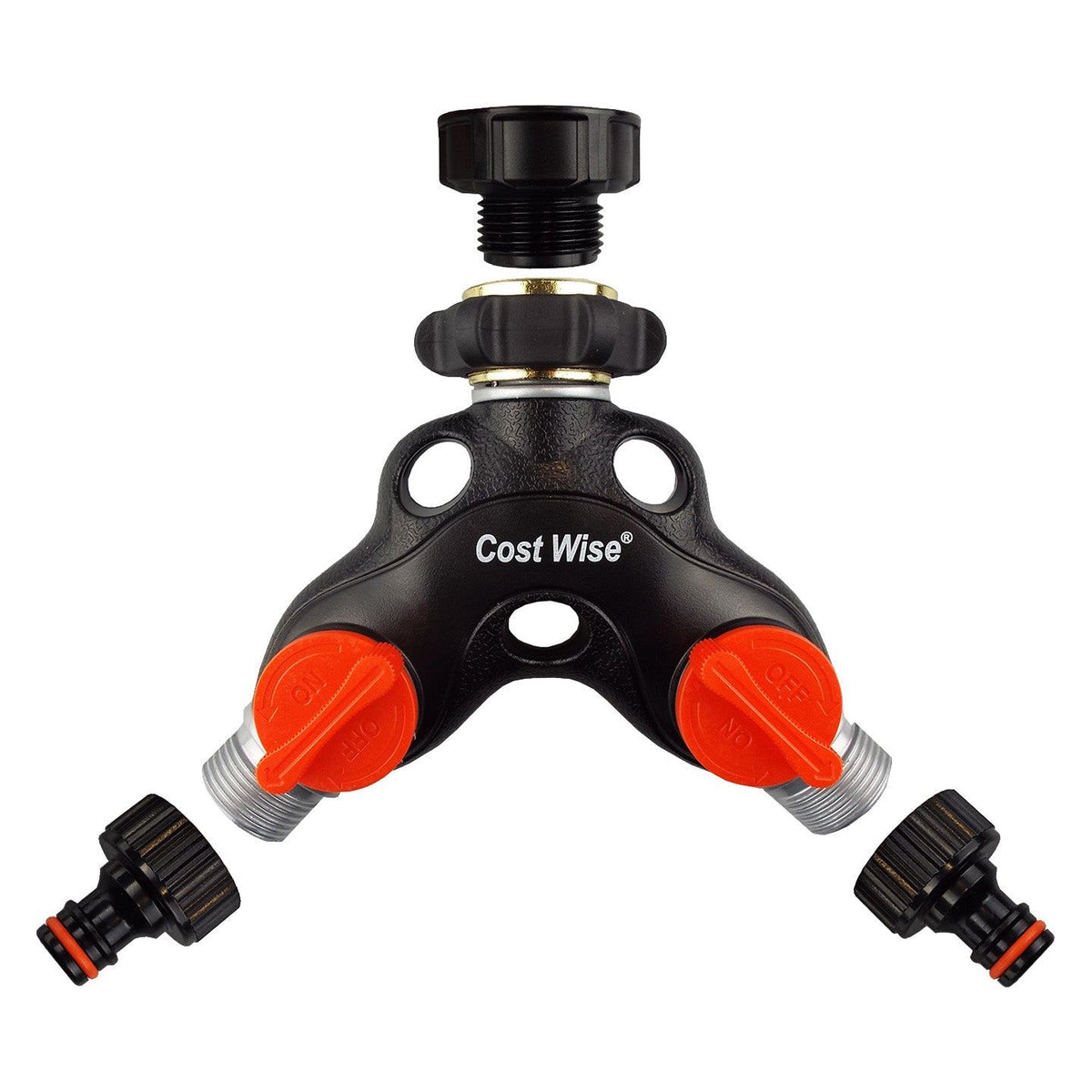 2-Way Tap Connector Snap-On Outlet Metal Black/Orange + 2 x Hose Connectors