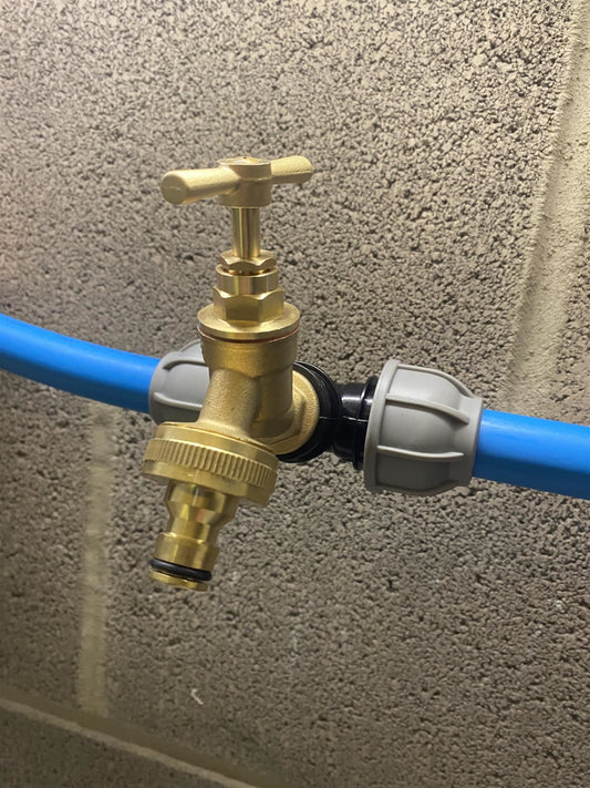 Brass Bib Tap Quick Connect with MDPE Tee 32mm - 3/4" BSPF