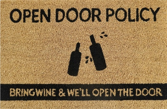 Doormat 60cm x 40cm - 'Open Door Policy Bring Wine & We'll Open The Door'