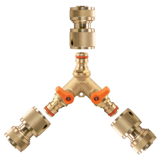 3 Way Male Snap-On Connector Brass with Valves and 3 x Brass Female Hose Connectors