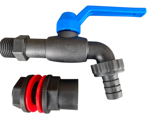 3/4" BSP - 1/2" BSP Water Butt Fitting with Black Lever Barb Tap