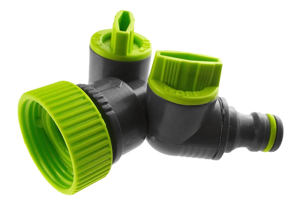 2-Way Tap Connector with 3 x Quick Connect Outlets and 3 x Standard 1/2" Hose Connectors (Lime)