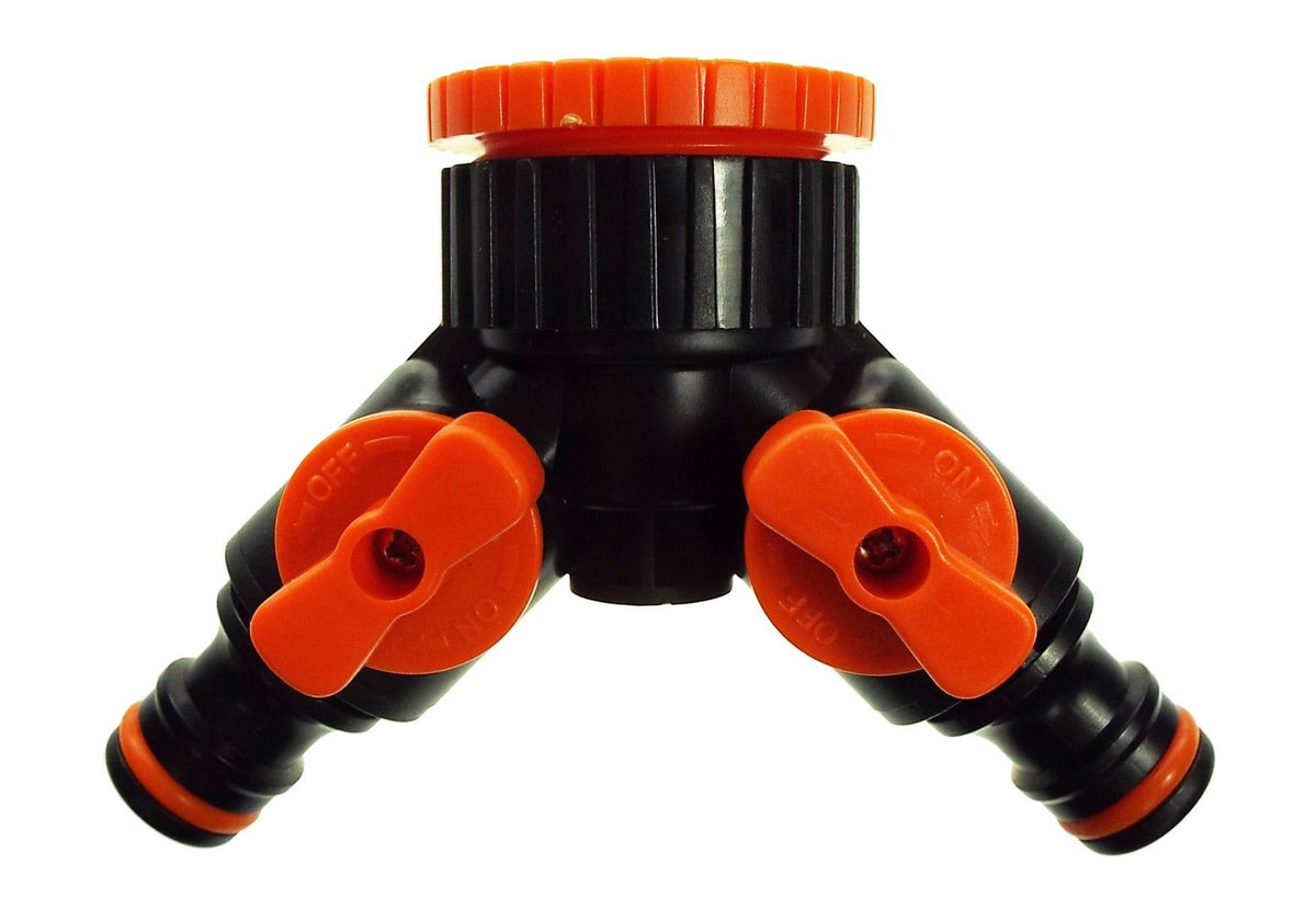 2-Way Tap Connector with 3/4" and 1" BSP Inlet and 2 x Hose Connectors (Black/Orange)