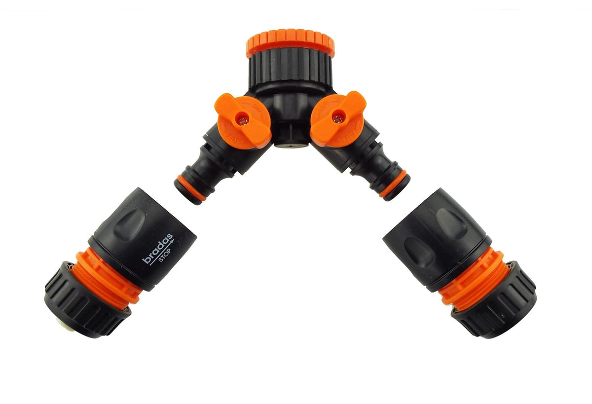 2-Way Tap Connector with 3/4" and 1" BSP Inlet and 2 x Hose Connectors (Black/Orange)