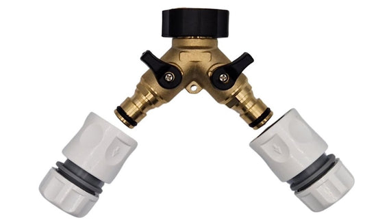 X001TBV0QF x1, Premium Dual Tap Brass Connector Set with 2 Premium Hose end connectors for a Perfect fit with Your Garden Hoses - Hozelock Compatible. Durable 2 Way Brass Connector Splitter. Set by MYPURECORE