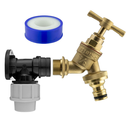 X001OD95ZL x50, 20mm MDPE Wall Flange Kit – Wall Plate Elbow ½ Brass Garden Tap with Click-Lock Hose Fitting and PTFE Tape – Easy to Install Hose Connector for Backyard, Around the House, Farmhouse. Set by MYPURECORE