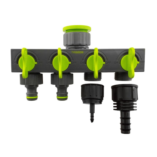 4-Way Valved Splitter Lime with Two Quick Connect, 4mm Barb and 16mm Barb Outlet