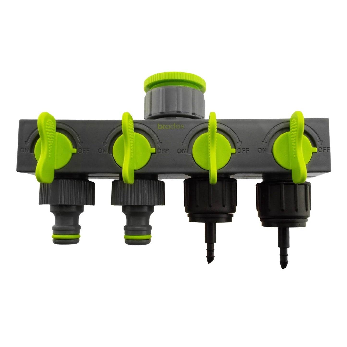 4-Way Valved Splitter Lime with Two Quick Connect and Two 4mm Barb Micro Outlets