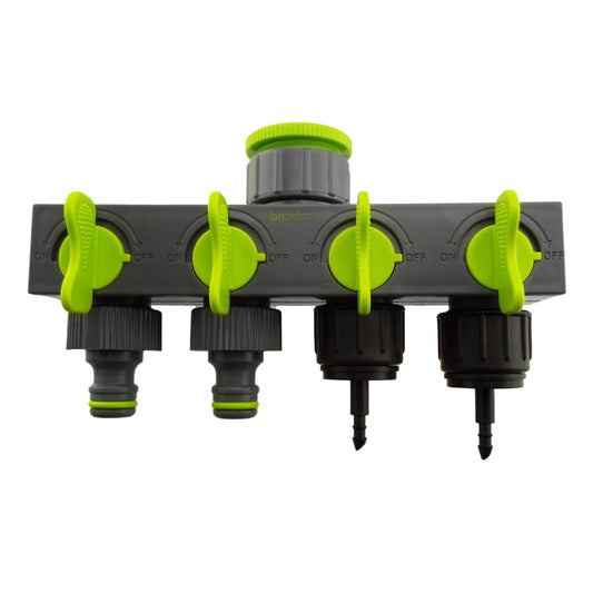 4-Way Valved Splitter Lime with Two Quick Connect and Two 4mm Barb Micro Outlets
