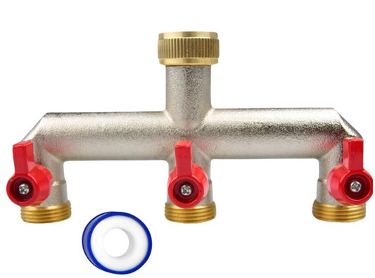 X00240MW8P x1,  Brass 3-Way Garden Hose Tap Splitter with PTFE Tape –3/4" Outdoor Tap Connector with Individual Valves
