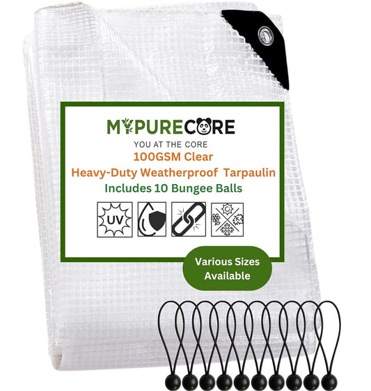 X002H13EBZ x18, 100GSM Clear Tarp with 10 Bungee Balls 3m x 3m