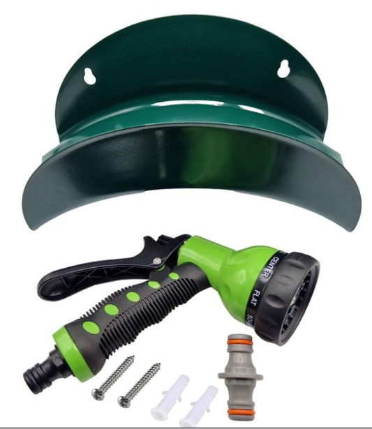 X001TBVQFF x1, Heavy-Duty Metal Garden Hose Hanger Set with 8-Pattern Spray Gun & Double Male Hose Connector - Rustproof Wall-Mounted Storage. Set by MYPURECORE