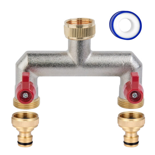 X00240JGFR x1,  Brass 2-Way Garden Hose Tap Splitter with 2 Faucet Adapters & PTFE Tape