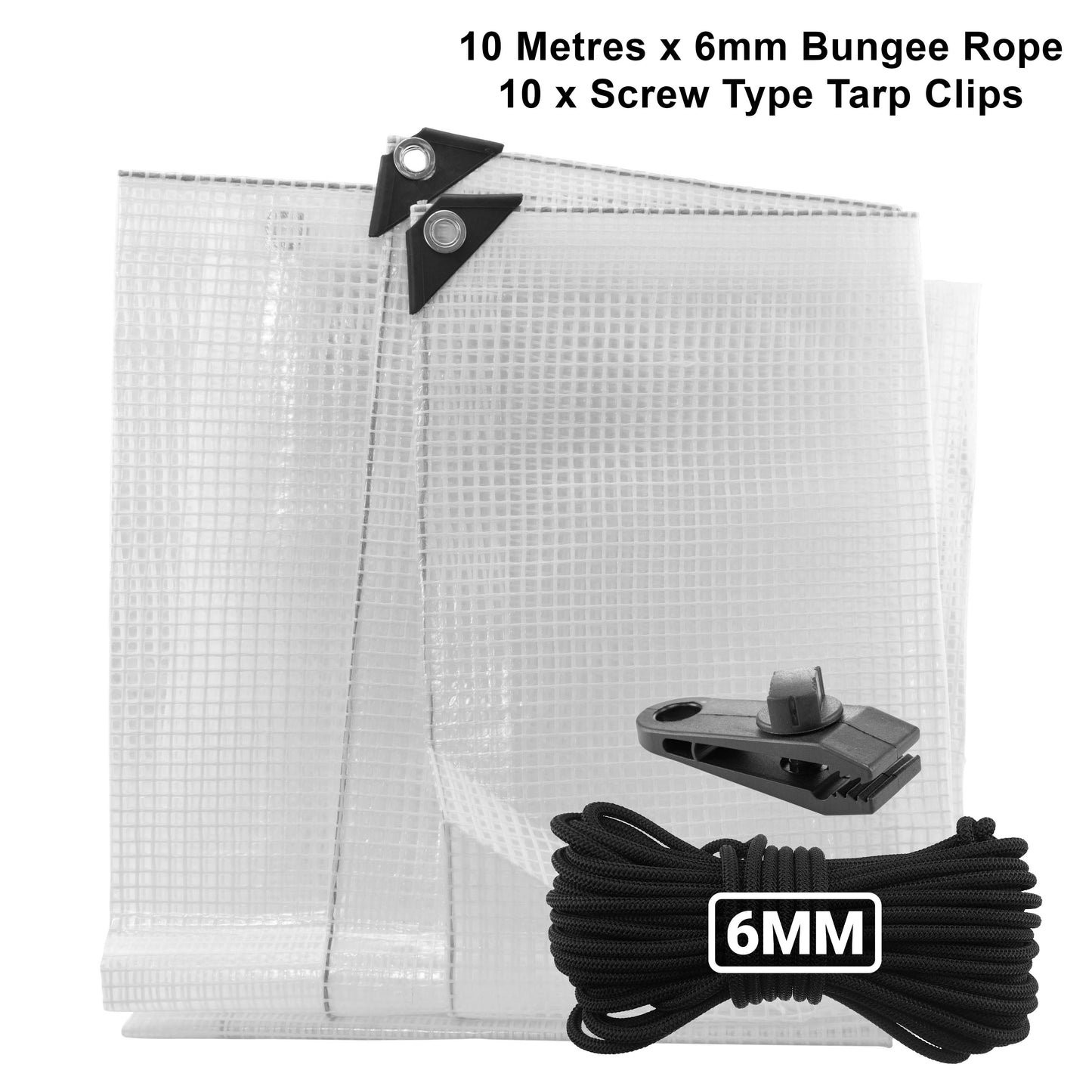 Clear M-Grade Tarpaulin with 10m of 6mm Bungee Rope and 10 x Screw Type Tarp Clips