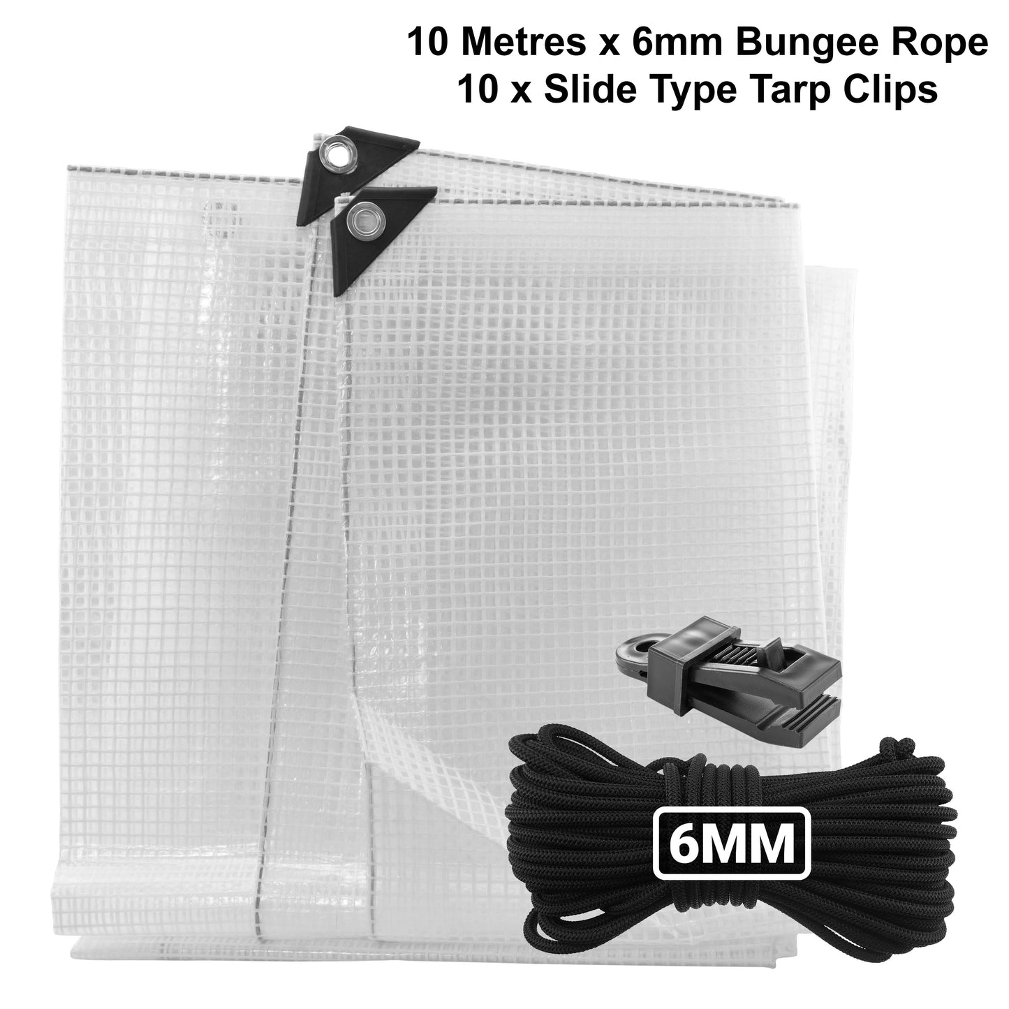 Clear M-Grade Tarpaulin with 10m of 6mm Bungee Rope and 10 x Slide Type Tarp Clips