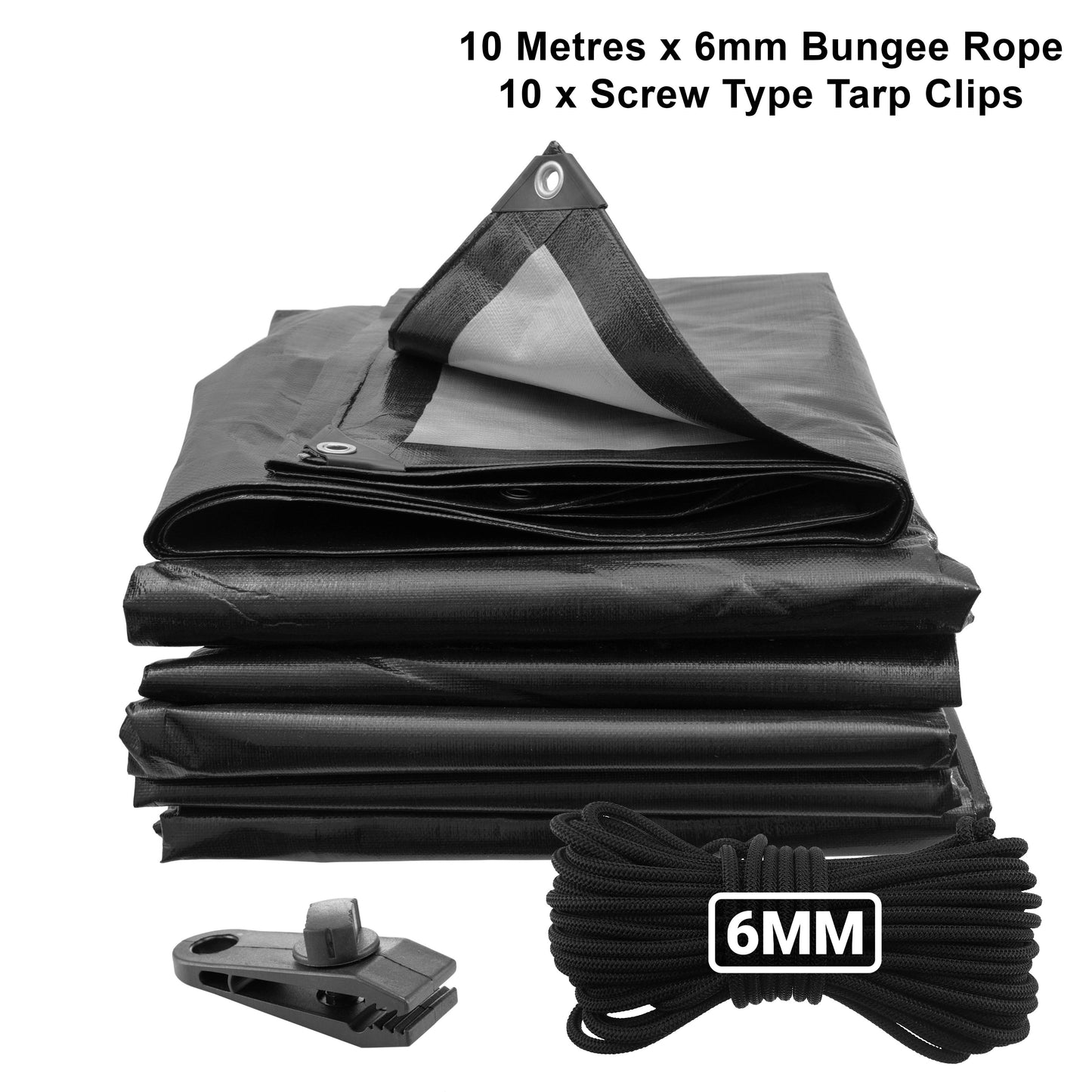 Black/Silver L-Grade Tarpaulin with 10m of 6mm Bungee Rope and 10 x Screw Type Tarp Clips