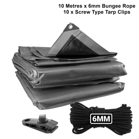 Silver XL-Grade Tarpaulin with 10m of 6mm Bungee Rope and 10 x Screw Type Tarp Clips
