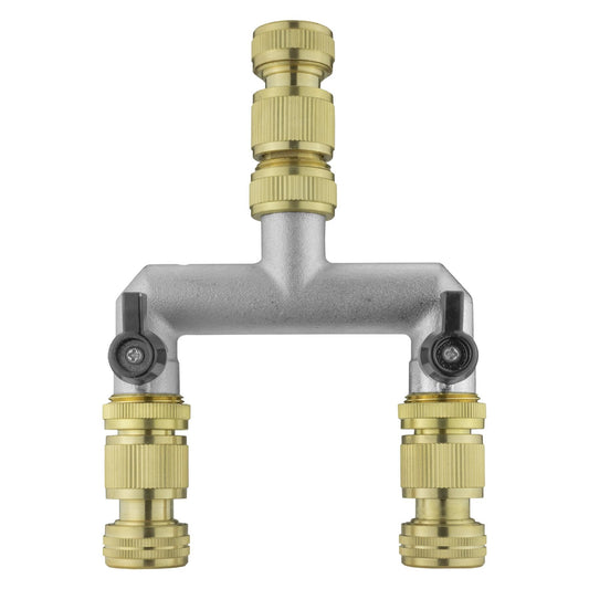 Two Way Tap Splitter Brass 3/4" BSP with 3x Quick Connect 1/2" Hose Connectors